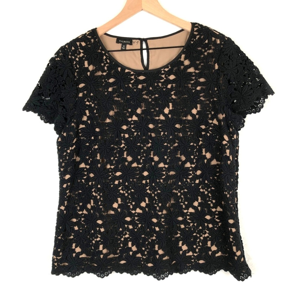 TALBOTS Cotton Lace Overlay Top Women's Sz 14 Black Lined‎ Fairygoth S/S